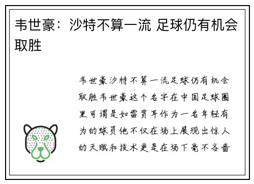 韦世豪：沙特不算一流 足球仍有机会取胜
